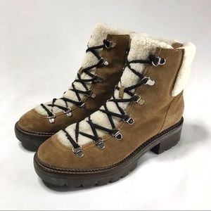 Marc Fisher Capell Genuine Suede Shearling Lace Up Boots Tan Size 8.5